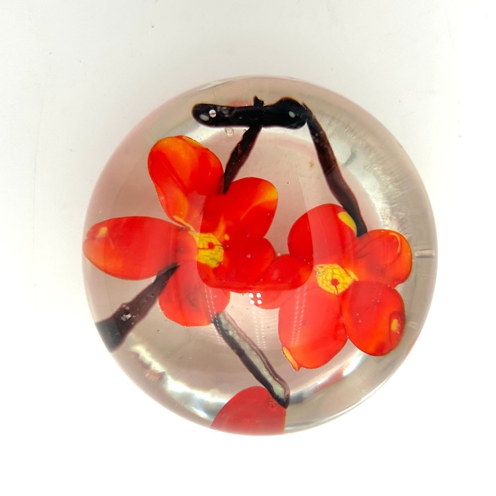 Vintage Artistic Glass Paperweight Red Yellow Blossoms 2.25"W Paperweight